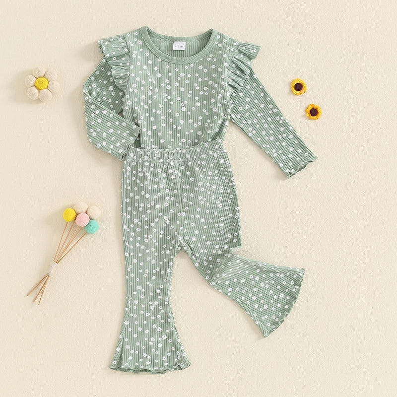 TODDLER KIDS GIRLS 2PCS FALL OUTFIT RUFFLE FLOWER PRINT LONG SLEEVE TOP + FLARE PANTS SET