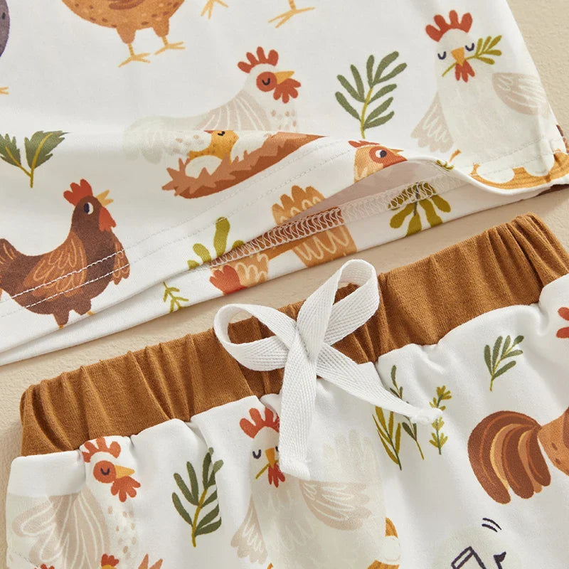 TODDLER BABY BOY 2PCS FARM CLOTHES CHICKENS ANIMALS PRINT SHIRT SHORTS OUTFIT SET