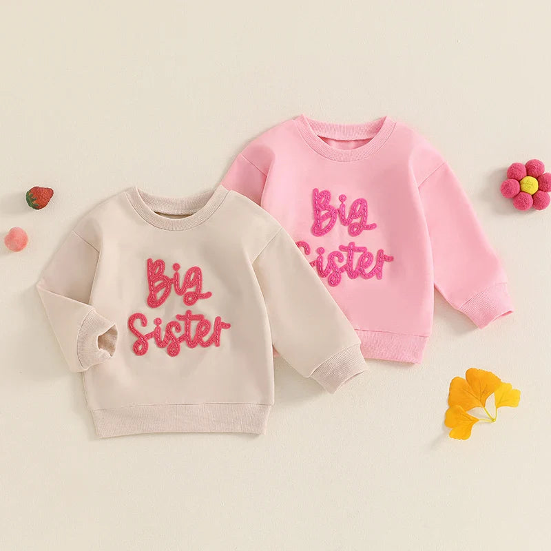 TODDLER KIDS GIRLS BIG SISTER LONG SLEEVE CREWNECK LETTER EMBROIDERY LOOSE FIT PULLOVER TOP