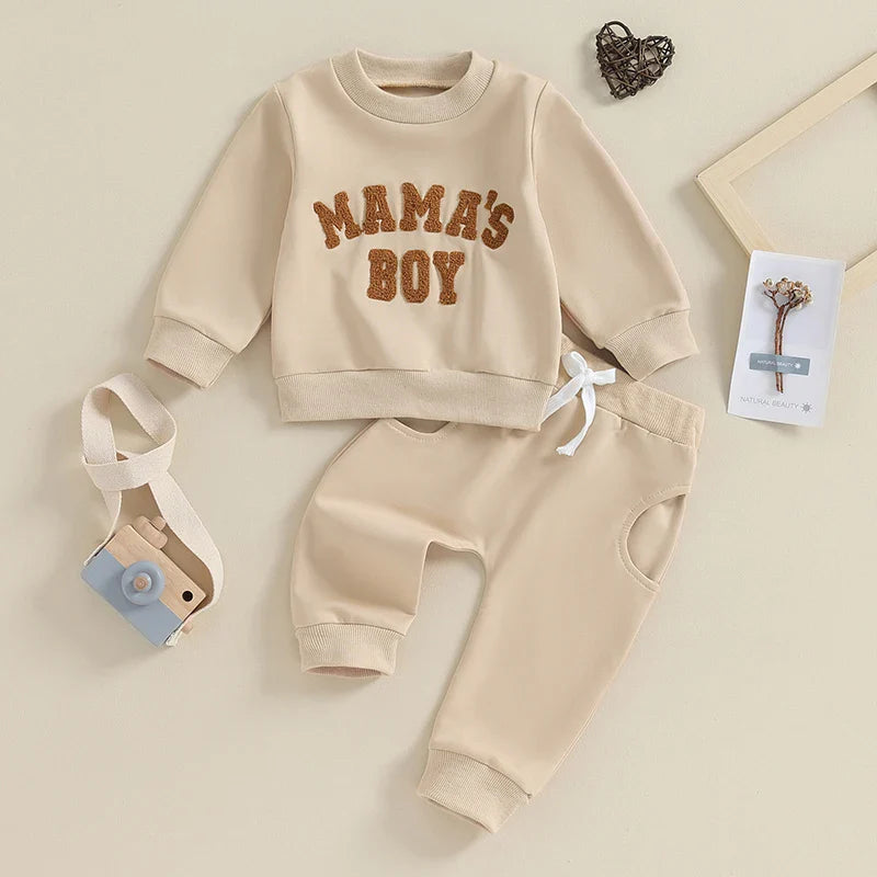 TODDLER BABY BOY 2PCS FALL WINTER OUTFITS LONG SLEEVE LETTER MAMA'S BOY CREWNECK TOP JOGGER PANTS SET