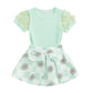 TODDLER KIDS GIRLS 2PCS SUMMER OUTFIT MESH FLOWER SLEEVE RIBBED TOP FLORAL CHECKER PRINT SKIRT SET