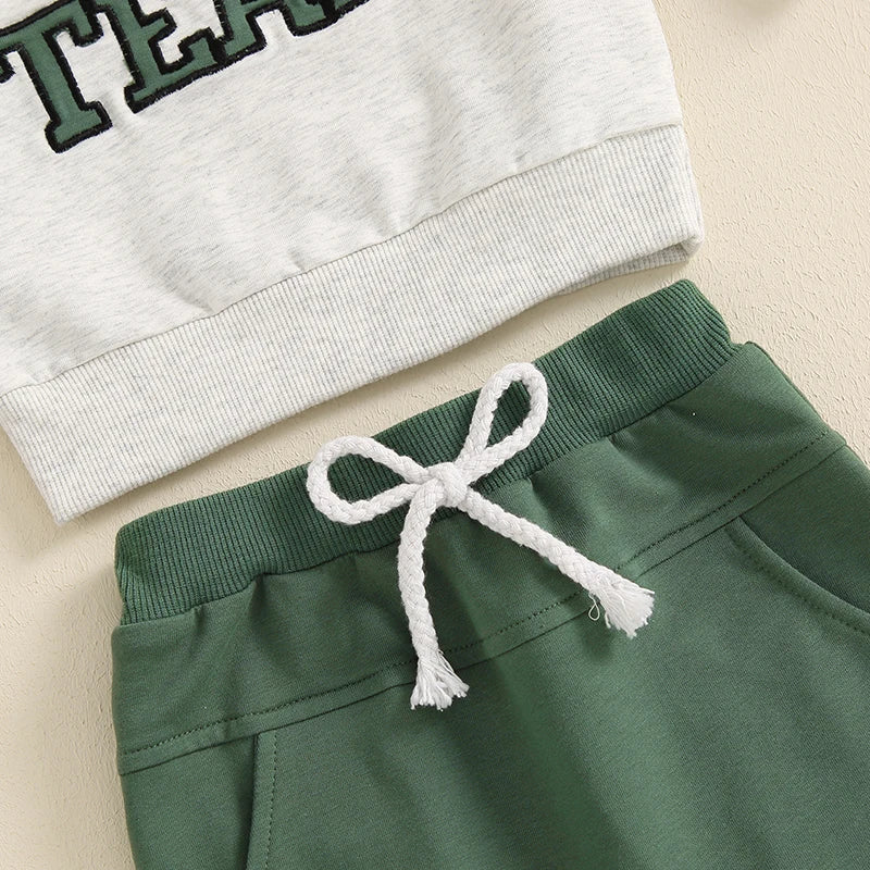 BABY TODDLER BOYS 2PCS GO TEAM FALL OUTFIT FOOTBALL LETTER EMBROIDERY LONG SLEEVE O-NECK TOP AND SOLID COLOR PANTS SET