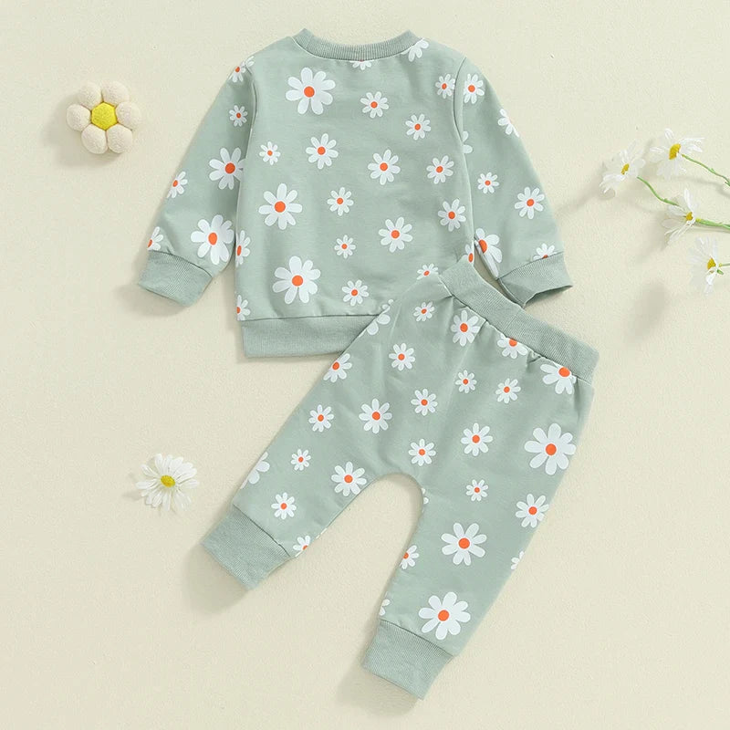 TODDLER KIDS GIRLS 2PCS FALL OUTFIT FLOWER DAISY PRINT LONG SLEEVE CREWNECK TOP ELASTIC WAIST PANTS WITH POCKETS SET
