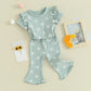 TODDLER KIDS GIRL 2PCS SUMMER OUTFIT RUFFLE SHORT SLEEVE FLORAL FLOWERS PRINT TOP + BELL BOTTOM PANTS SET CLOTHES