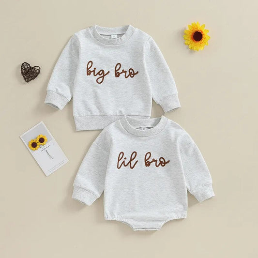 TODDLER BABY BOY LONG SLEEVE CREWNECK LETTERS BIG LIL BRO PULLOVER TOP OR ROMPER BROTHER MATCHING