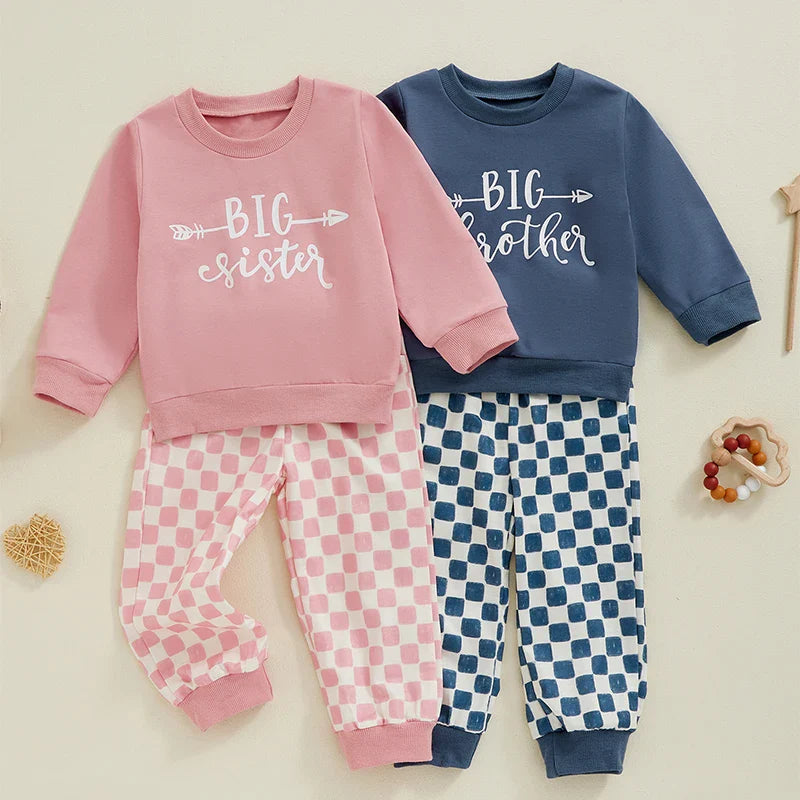 TODDLER KIDS BOYS GIRLS 2PCS BIG BROTHER / SISTER LETTER PRINT LONG SLEEVE TOP WITH ELASTIC WAIST CHECKERED PRINT PANTS SET OUTFIT