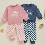 TODDLER KIDS BOYS GIRLS 2PCS BIG BROTHER / SISTER LETTER PRINT LONG SLEEVE TOP WITH ELASTIC WAIST CHECKERED PRINT PANTS SET OUTFIT