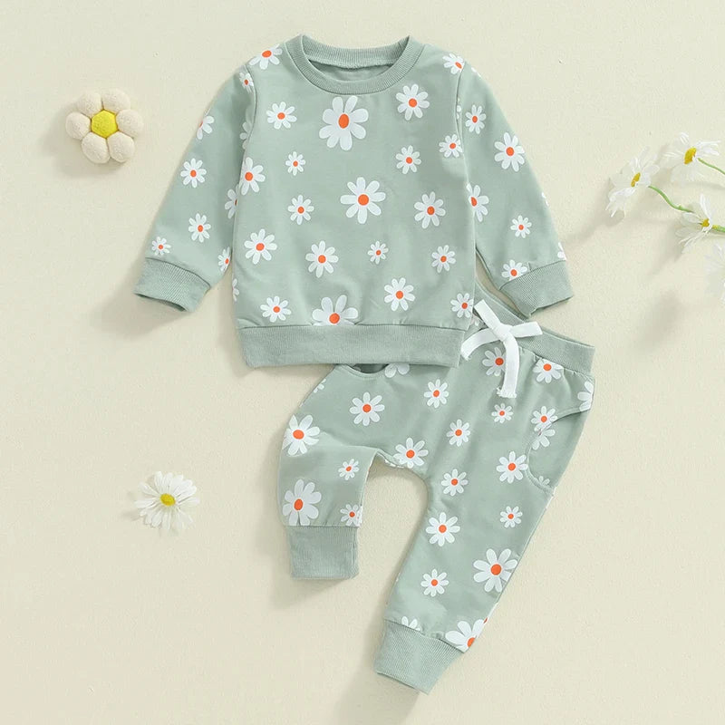 TODDLER KIDS GIRLS 2PCS FALL OUTFIT FLOWER DAISY PRINT LONG SLEEVE CREWNECK TOP ELASTIC WAIST PANTS WITH POCKETS SET