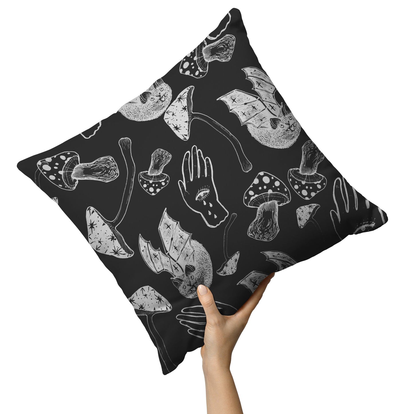 SPOOKY SPELLS, BATS, AND MUSHROOMS THROW PILLOW