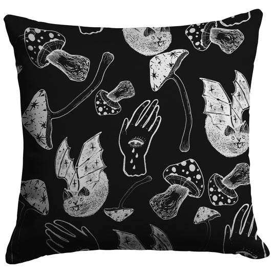 SPOOKY SPELLS, BATS, AND MUSHROOMS THROW PILLOW