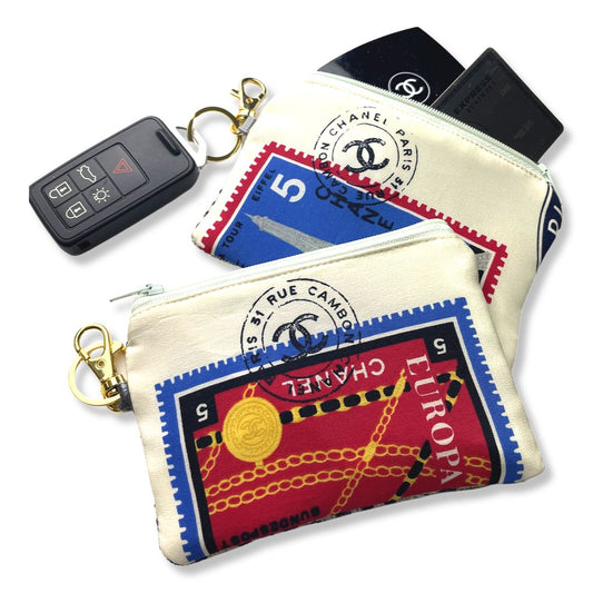 STAMPS OF THE WORLD VINTAGE SILK SCARF COFFEE RUN KEYCHAIN BAG