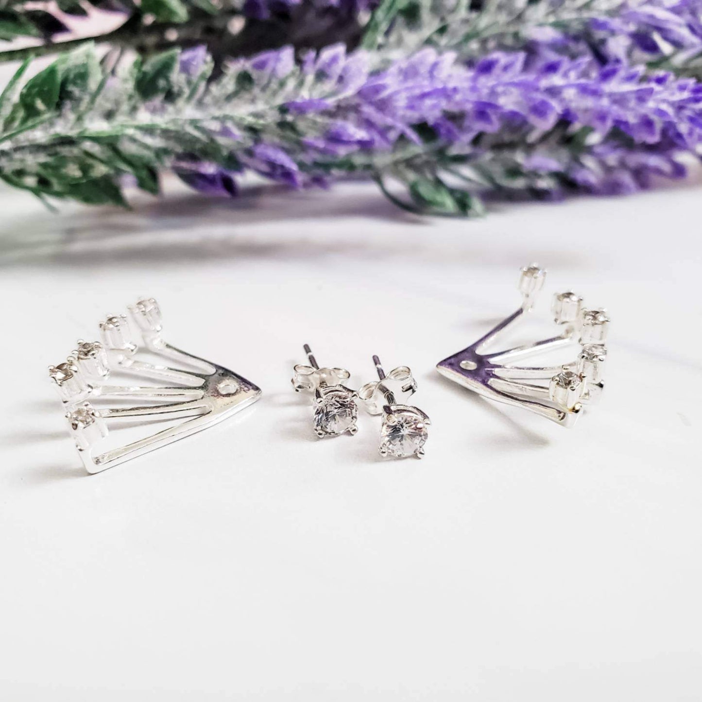 STERLING CRYSTAL SUN BURST EAR JACKET EARRINGS