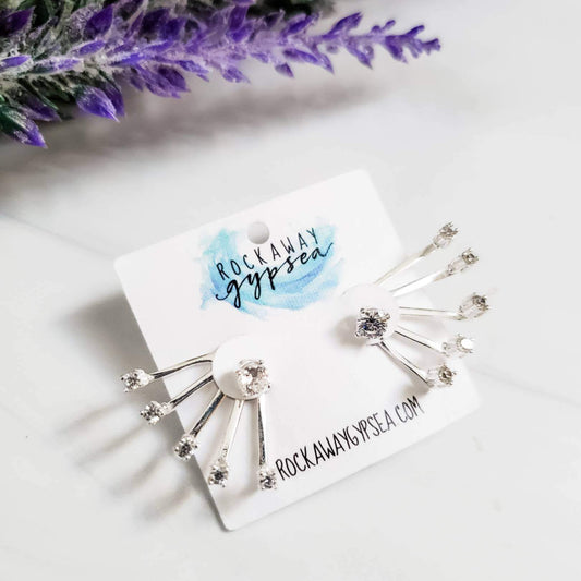 STERLING CRYSTAL SUN BURST EAR JACKET EARRINGS