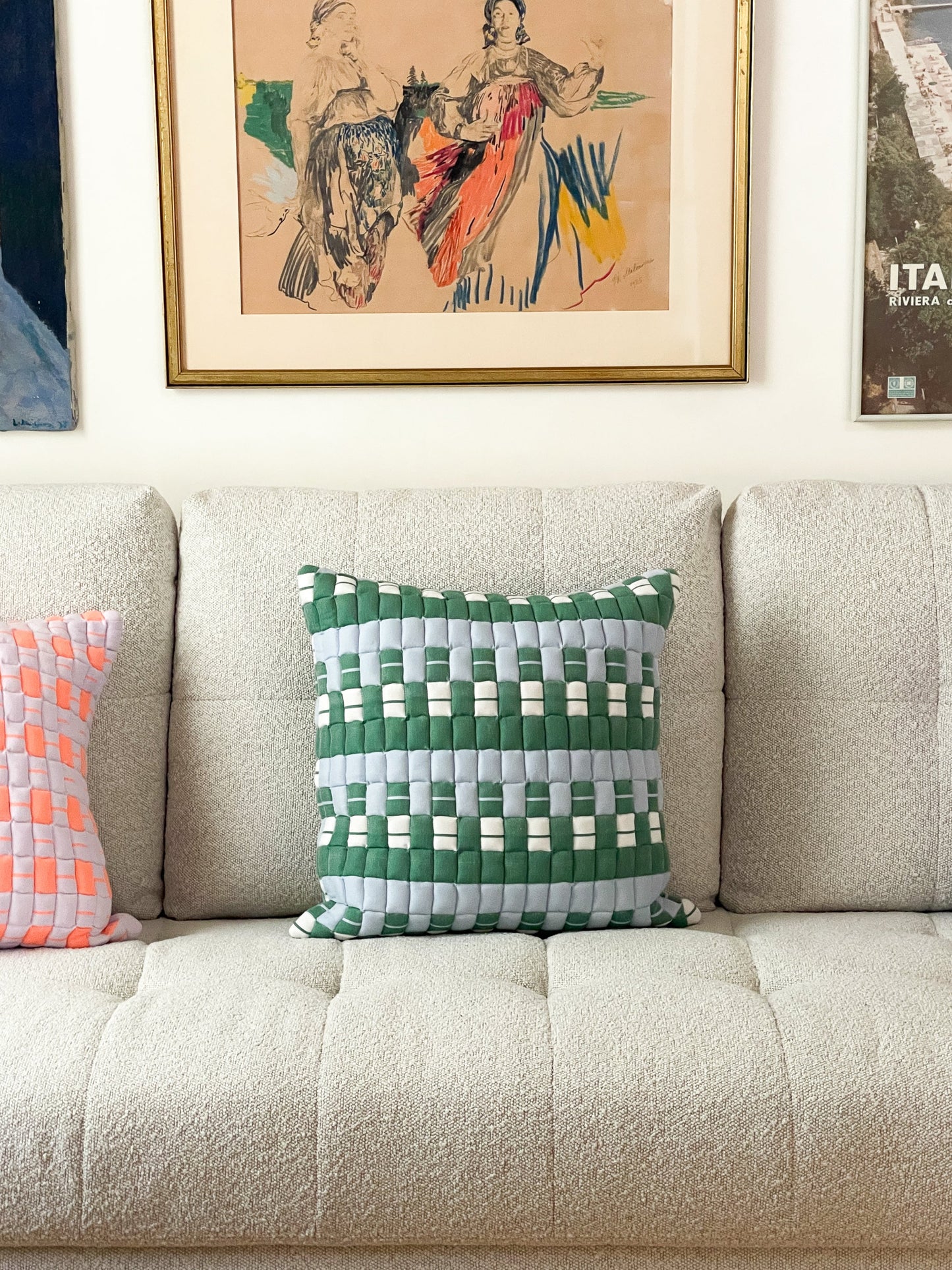 SUJANI QUILTED PILLOW — BABY BLUE, WHITE AND GREEN