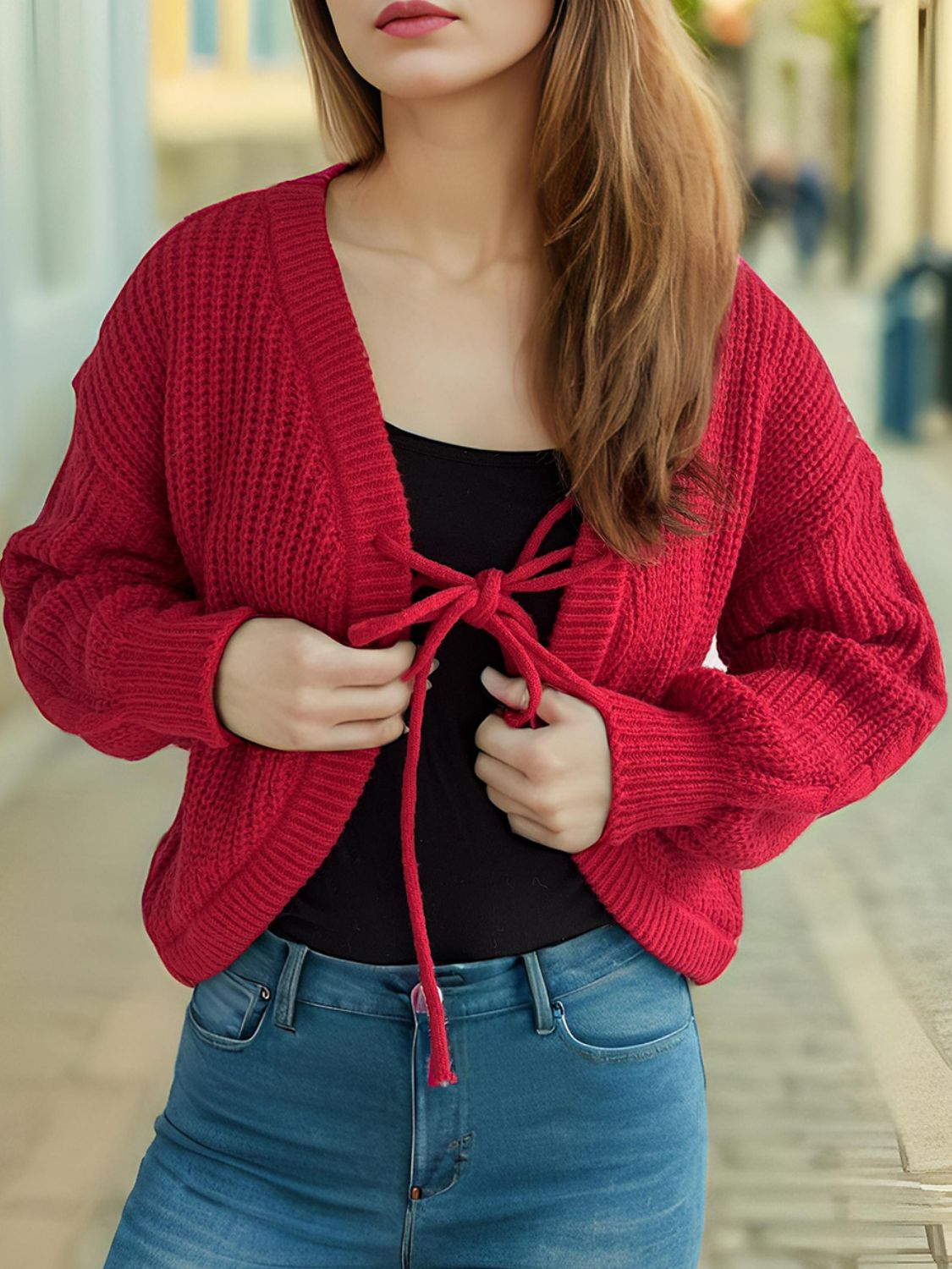 TIED DROPPED SHOULDER LONG SLEEVE CARDIGAN-Thriftique Marketplace