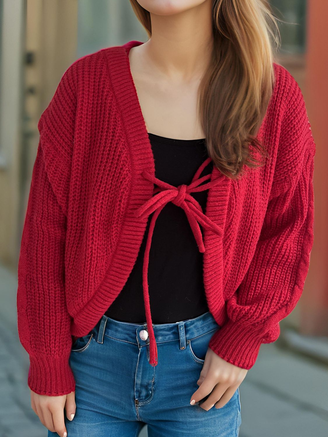 TIED DROPPED SHOULDER LONG SLEEVE CARDIGAN-Thriftique Marketplace