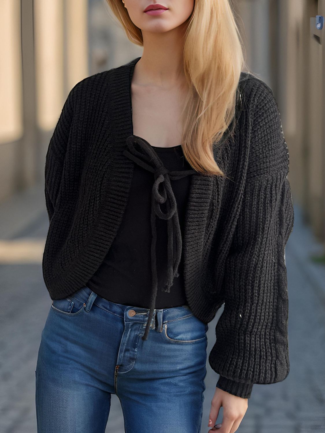 TIED DROPPED SHOULDER LONG SLEEVE CARDIGAN-Thriftique Marketplace