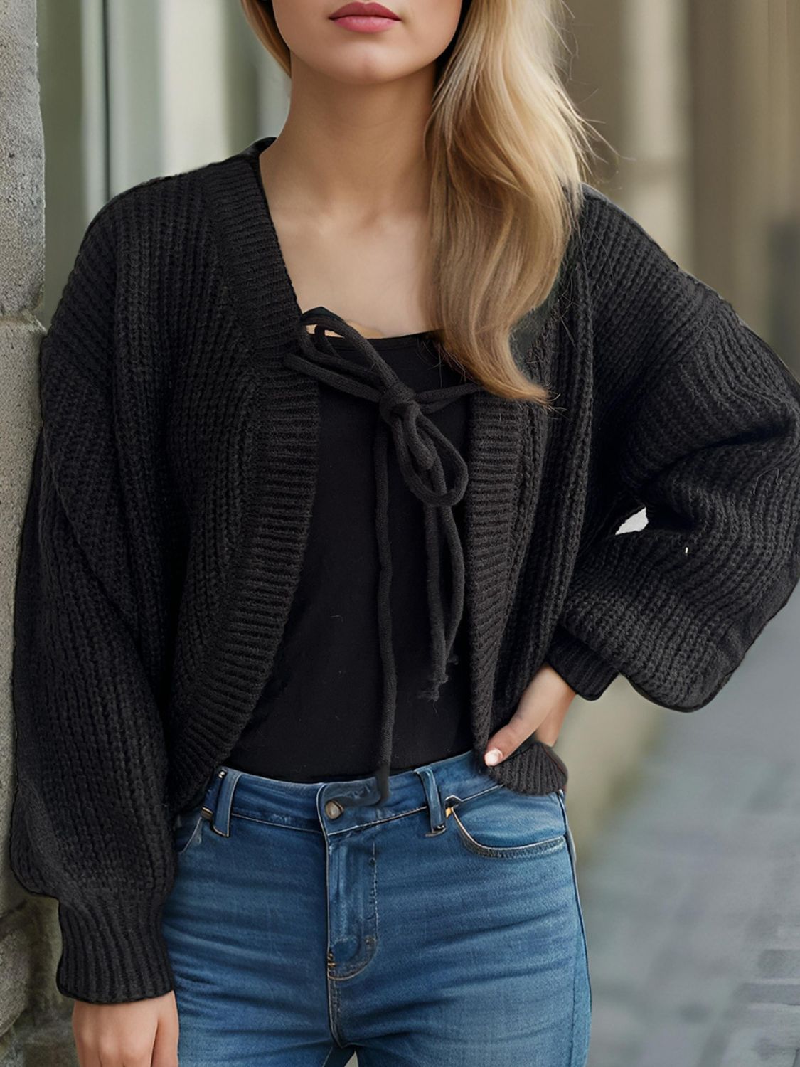 TIED DROPPED SHOULDER LONG SLEEVE CARDIGAN-Thriftique Marketplace