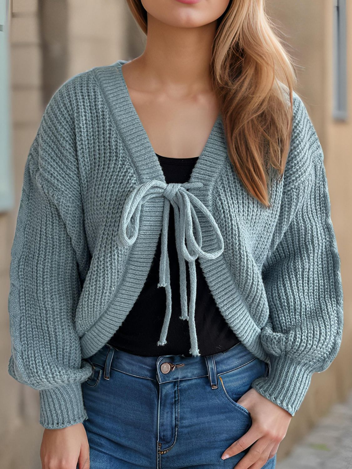 TIED DROPPED SHOULDER LONG SLEEVE CARDIGAN-Thriftique Marketplace