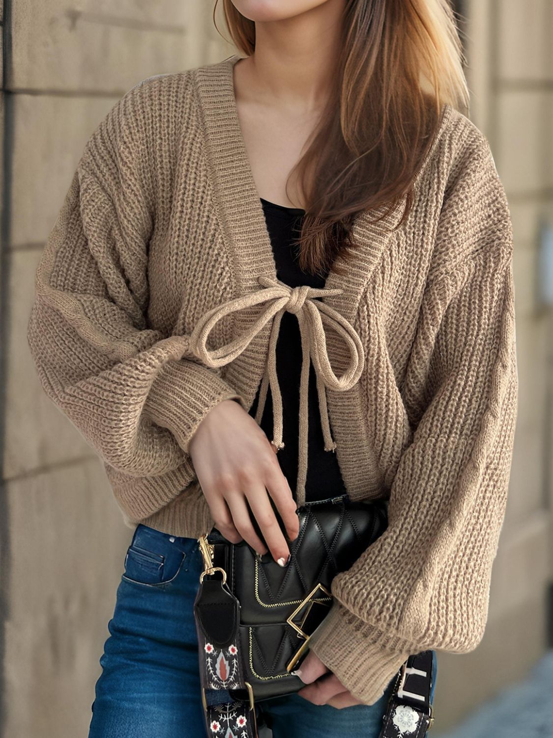 TIED DROPPED SHOULDER LONG SLEEVE CARDIGAN-Thriftique Marketplace