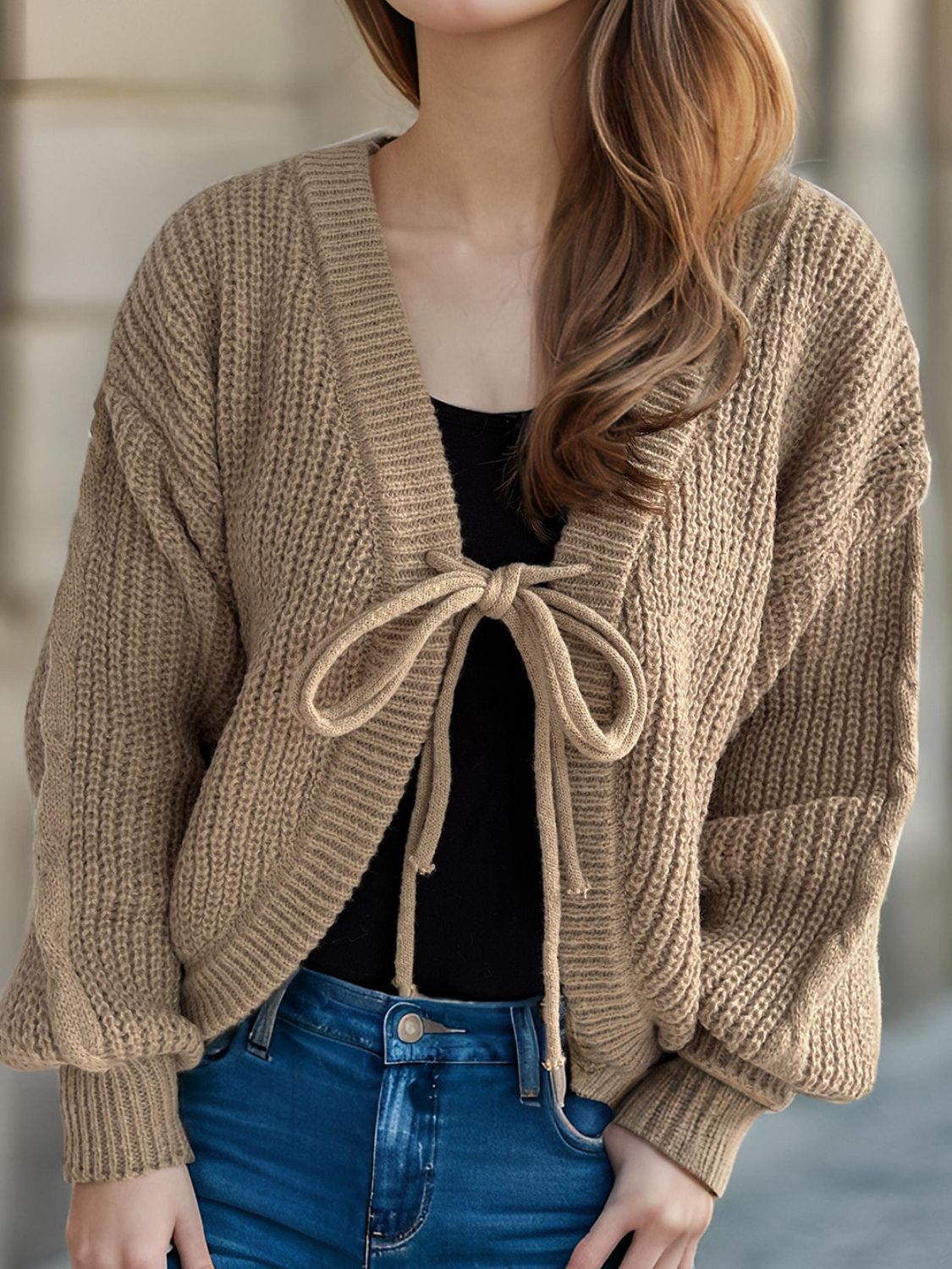 TIED DROPPED SHOULDER LONG SLEEVE CARDIGAN-Thriftique Marketplace