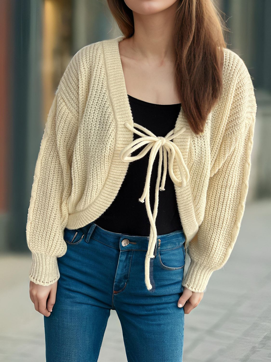 TIED DROPPED SHOULDER LONG SLEEVE CARDIGAN-Thriftique Marketplace