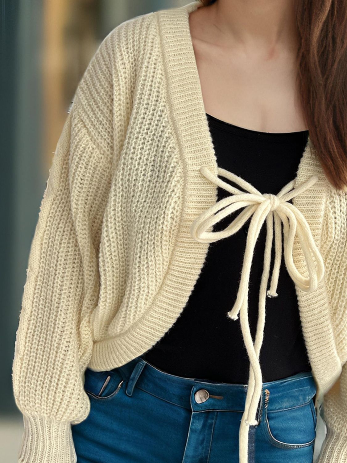 TIED DROPPED SHOULDER LONG SLEEVE CARDIGAN-Thriftique Marketplace