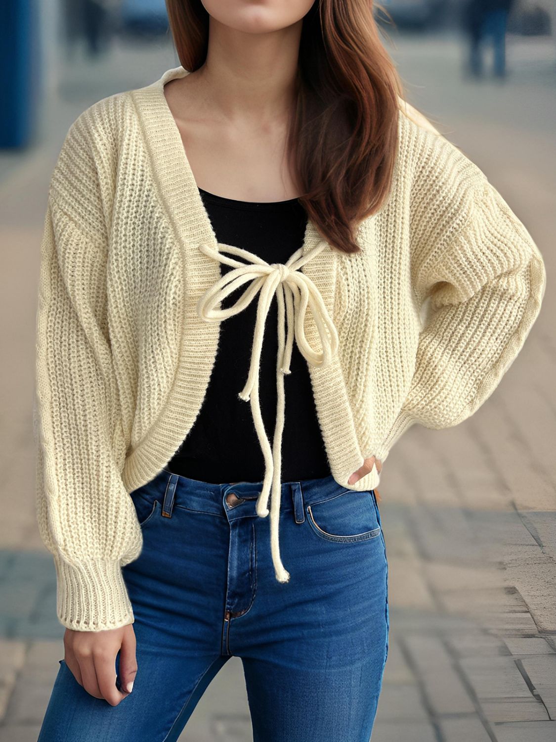 TIED DROPPED SHOULDER LONG SLEEVE CARDIGAN-Thriftique Marketplace