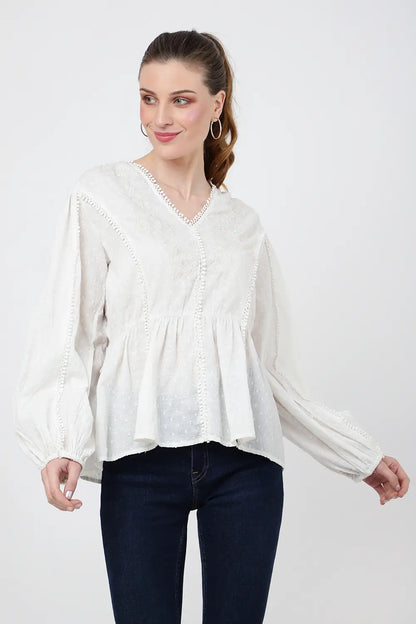 TONAL EMBROIDERED PEPLUM TOP WITH V-NECKLINE - S TO 2XL