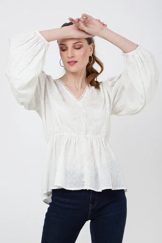 TONAL EMBROIDERED PEPLUM TOP WITH V-NECKLINE - S TO 2XL