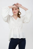TONAL EMBROIDERED PEPLUM TOP WITH V-NECKLINE - S TO 2XL