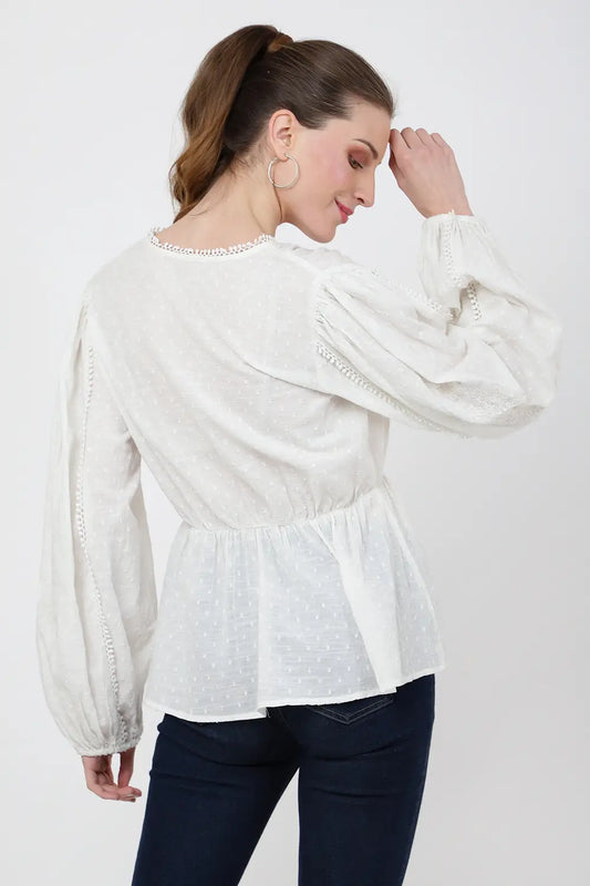 TONAL EMBROIDERED PEPLUM TOP WITH V-NECKLINE - S TO 2XL