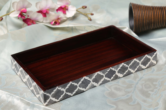 VANITY TRAYS MOROCCAN PATTERN BONE & RESIN INLAY COLLECTION IN 10X6, GREY & WHITE