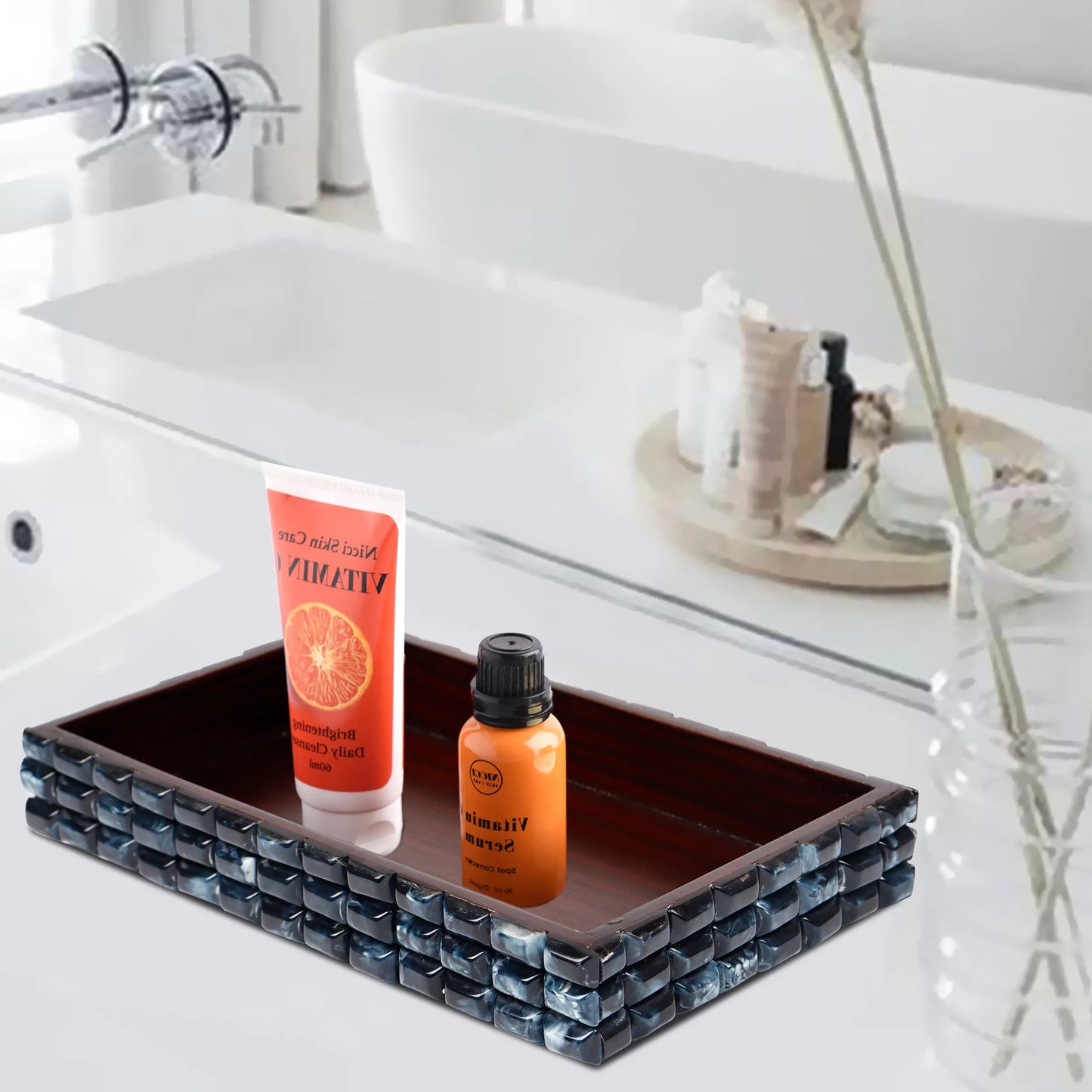 VANITY TRAY ILLUSION ICE PATTERN RESIN INLAY COLLECTION IN 10X6, BLUE
