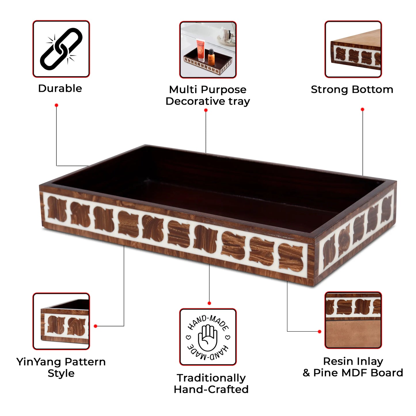 VANITY TRAY ILLUSION YINYANG PATTERN RESIN INLAY COLLECTION IN 10X6, BROWN