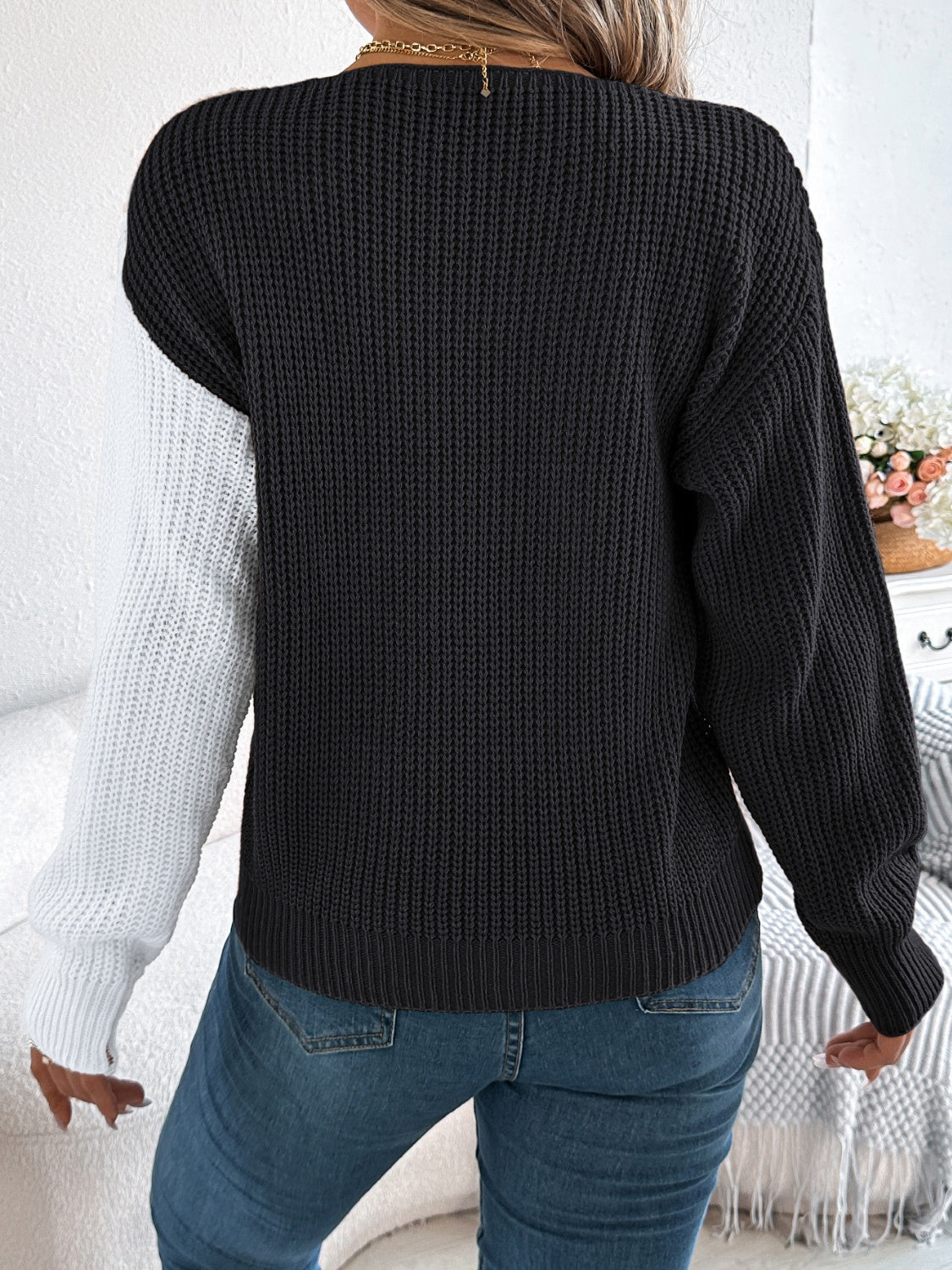 TWO-TONE V-NECK LONG SLEEVE SWEATER-Thriftique Marketplace