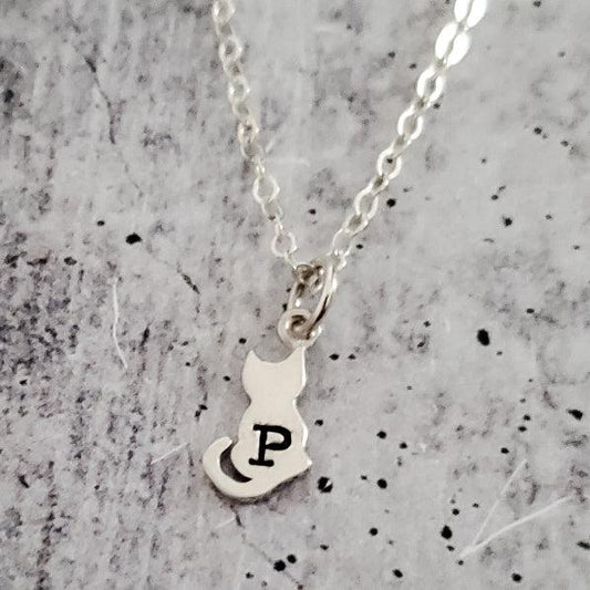 TINY CAT SILVER INITIAL NECKLACE