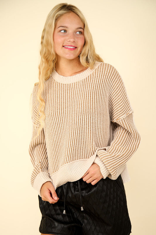 VERY J EXPOSED SEAM CROPPED STRIPED SLIT SWEATER-Thriftique Marketplace