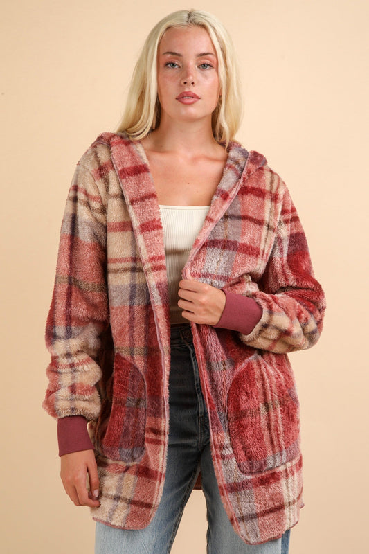 VERY J FUZZY PLAID LONG SLEEVE HOODED JACKET-Thriftique Marketplace