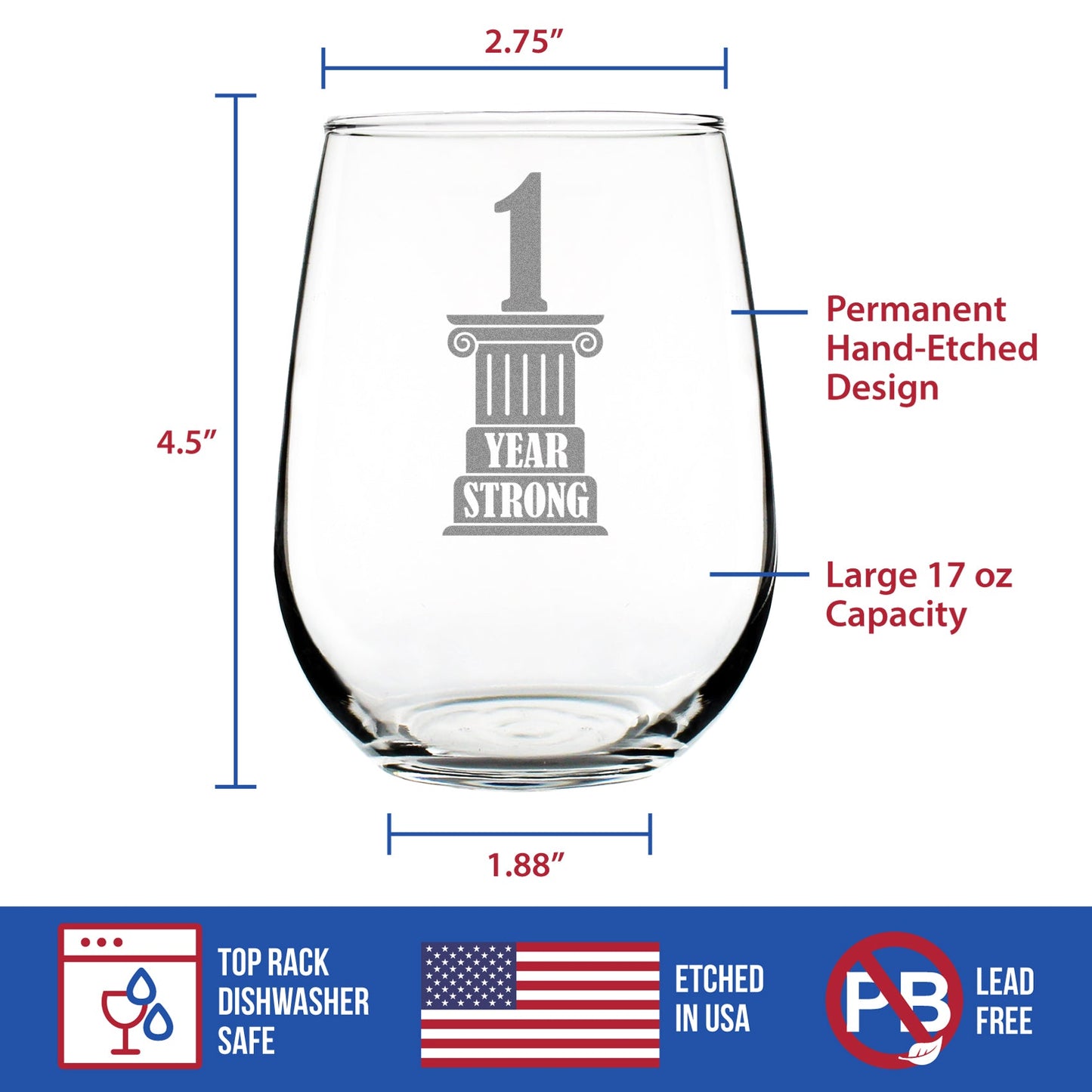 1 YEAR STRONG ENGRAVED STEMLESS WINE GLASS GIFTS 1ST ANNIVERSARY PARTY DECOR LARGE WINE GLASSES - 17 OZ