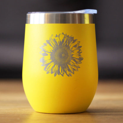 SUNFLOWER - WINE TUMBLER GLASS WITH SLIDING LID - STAINLESS STEEL INSULATED MUG - FLOWER DÉCOR GIFTS