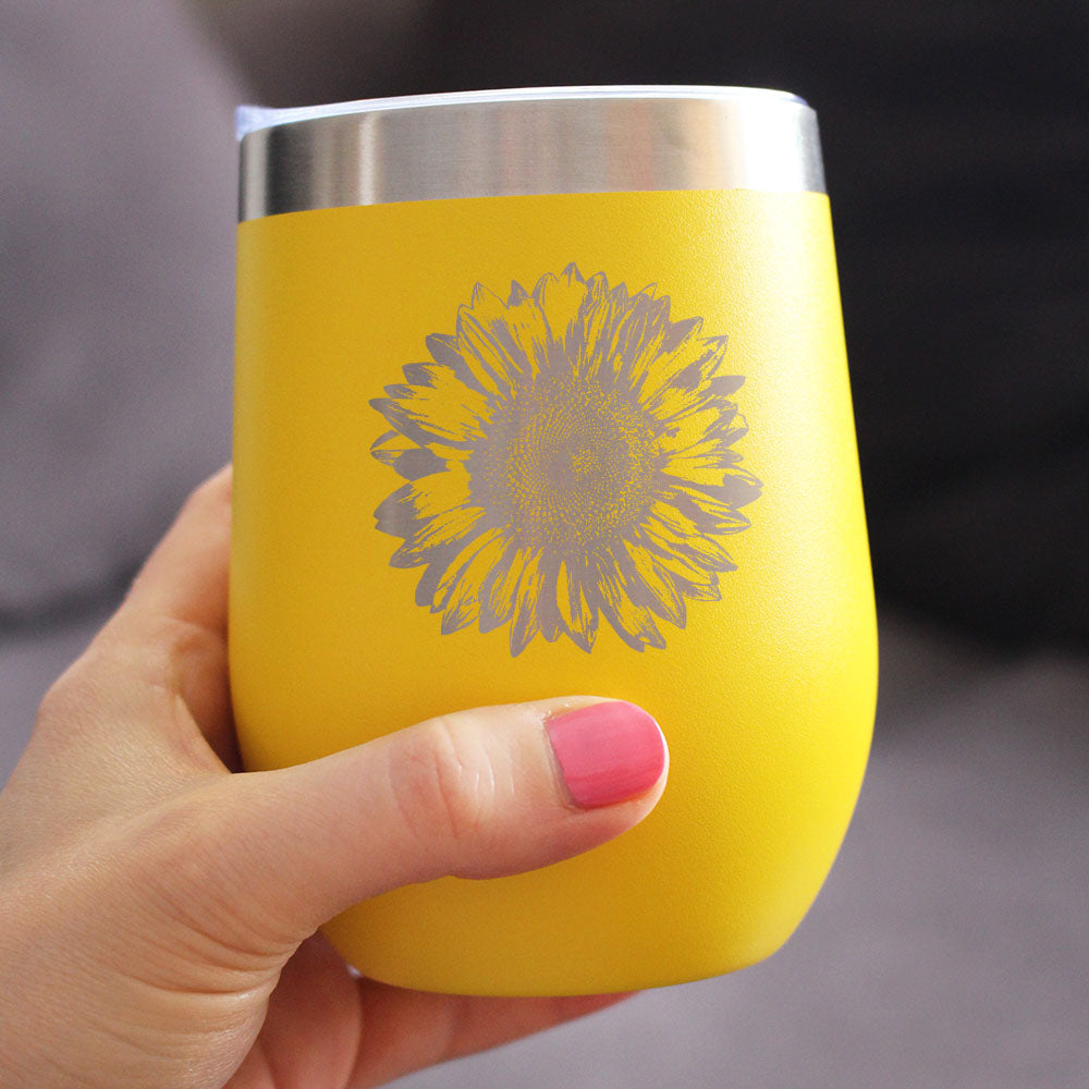 SUNFLOWER - WINE TUMBLER GLASS WITH SLIDING LID - STAINLESS STEEL INSULATED MUG - FLOWER DÉCOR GIFTS