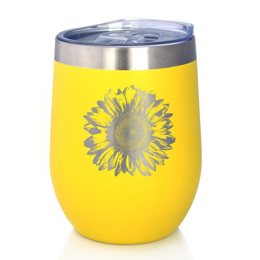 SUNFLOWER - WINE TUMBLER GLASS WITH SLIDING LID - STAINLESS STEEL INSULATED MUG - FLOWER DÉCOR GIFTS