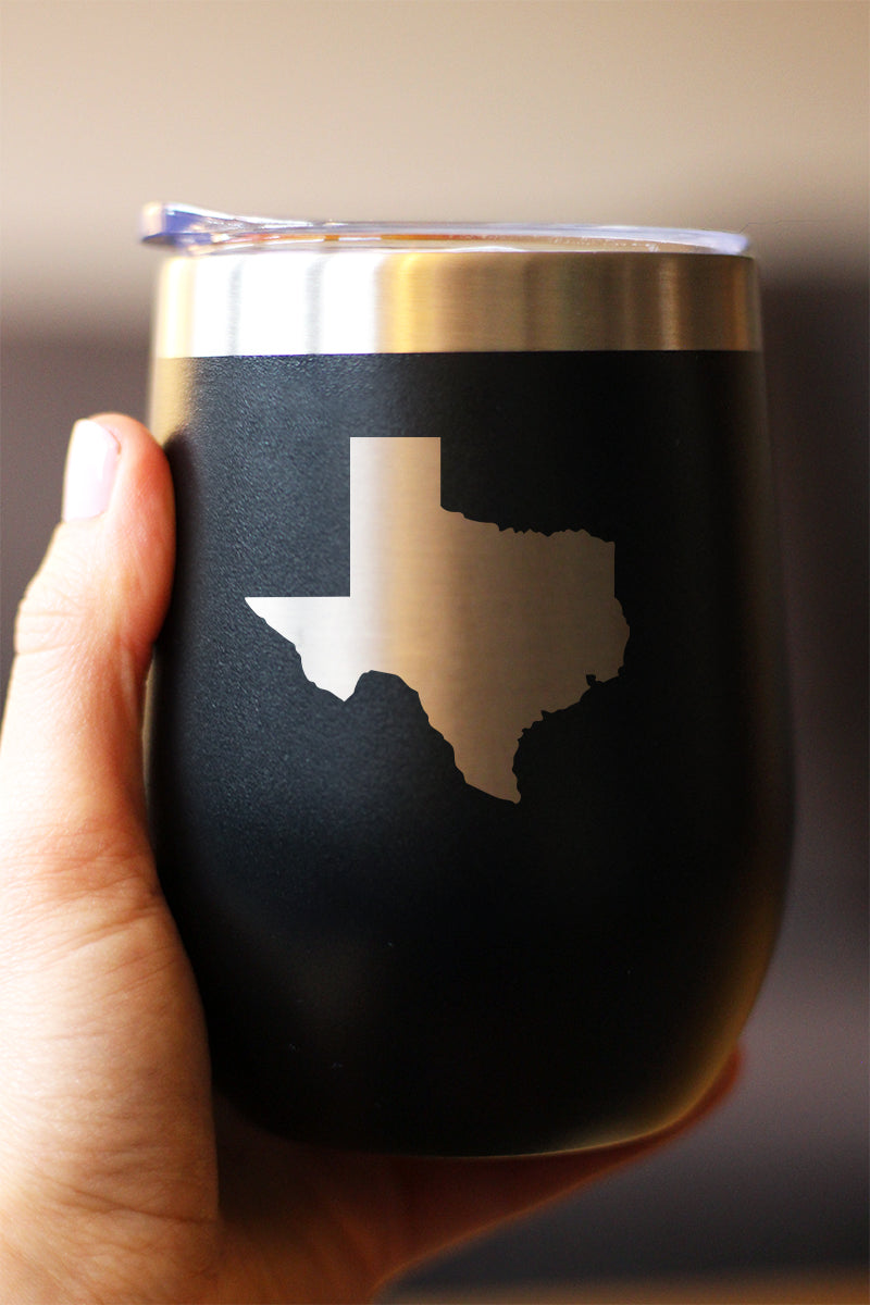 TEXAS STATE OUTLINE - WINE TUMBLER GLASS WITH SLIDING LID - STAINLESS STEEL INSULATED MUG - STATE THEMED DECOR AND GIFTS FOR TEXAN WOMEN & MEN