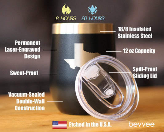 TEXAS STATE OUTLINE - WINE TUMBLER GLASS WITH SLIDING LID - STAINLESS STEEL INSULATED MUG - STATE THEMED DECOR AND GIFTS FOR TEXAN WOMEN & MEN