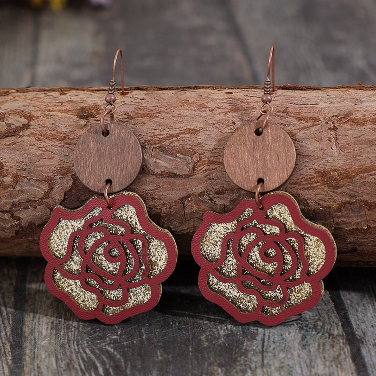 WOODEN ALLOY ROSE SHAPE DANGLE EARRINGS-Thriftique Marketplace