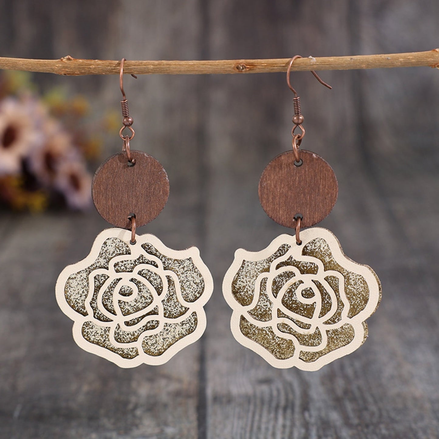 WOODEN ALLOY ROSE SHAPE DANGLE EARRINGS-Thriftique Marketplace