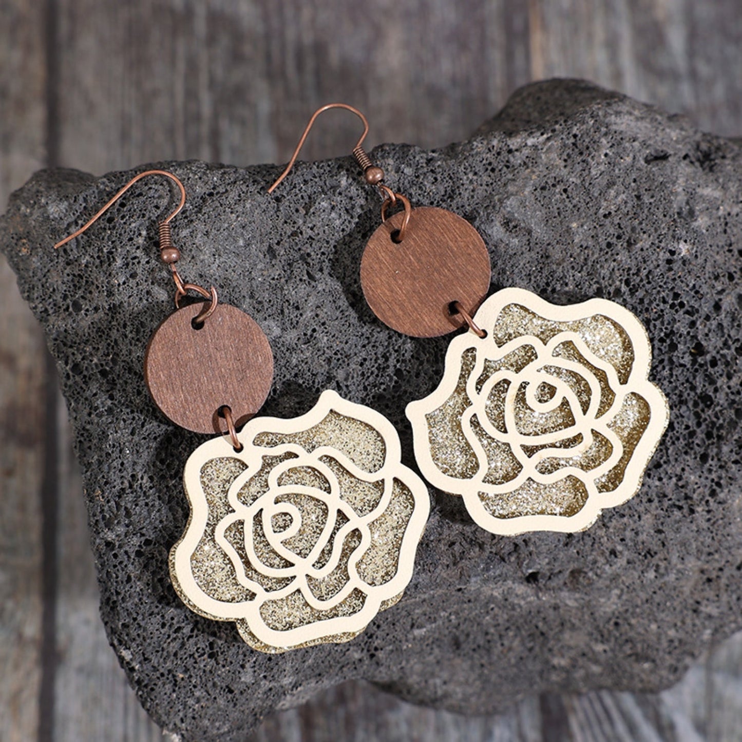 WOODEN ALLOY ROSE SHAPE DANGLE EARRINGS-Thriftique Marketplace