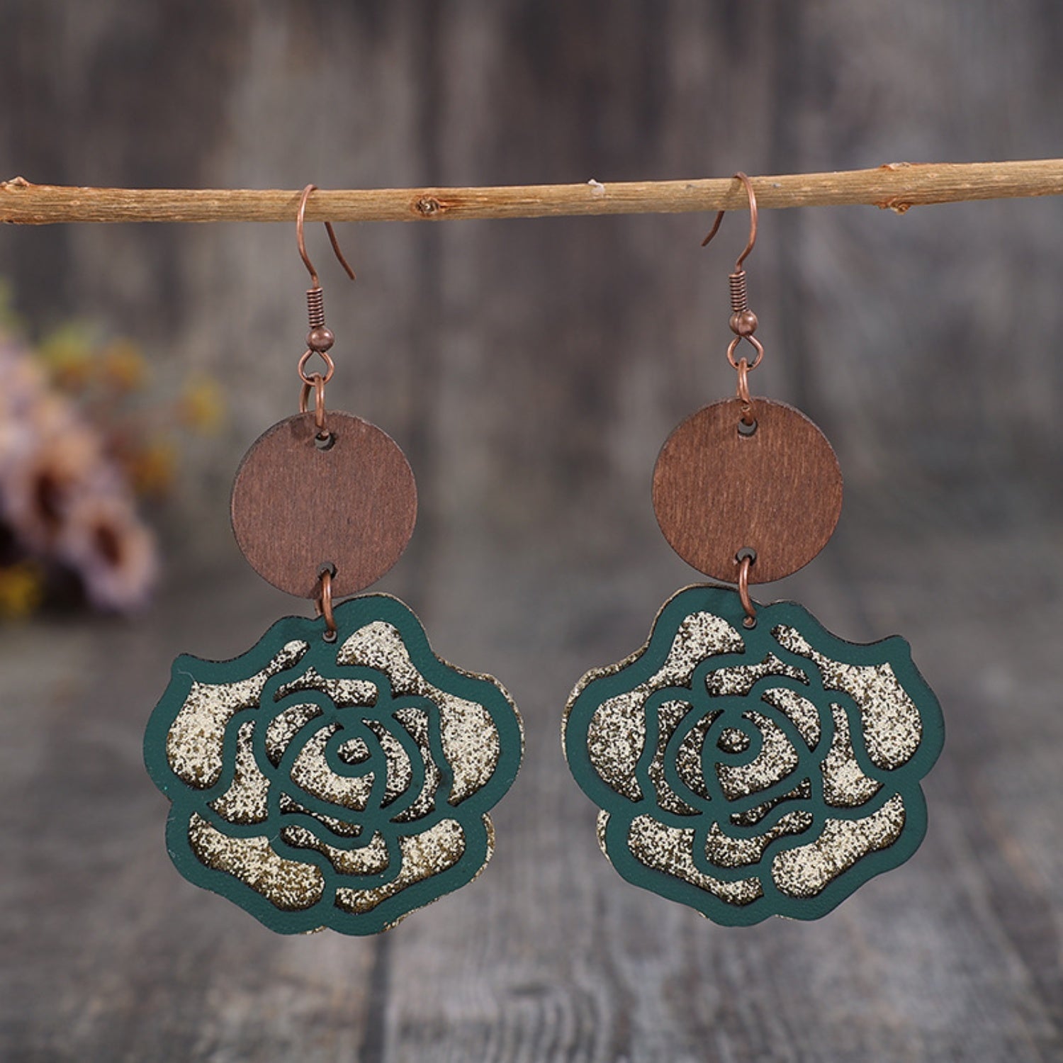 WOODEN ALLOY ROSE SHAPE DANGLE EARRINGS-Thriftique Marketplace