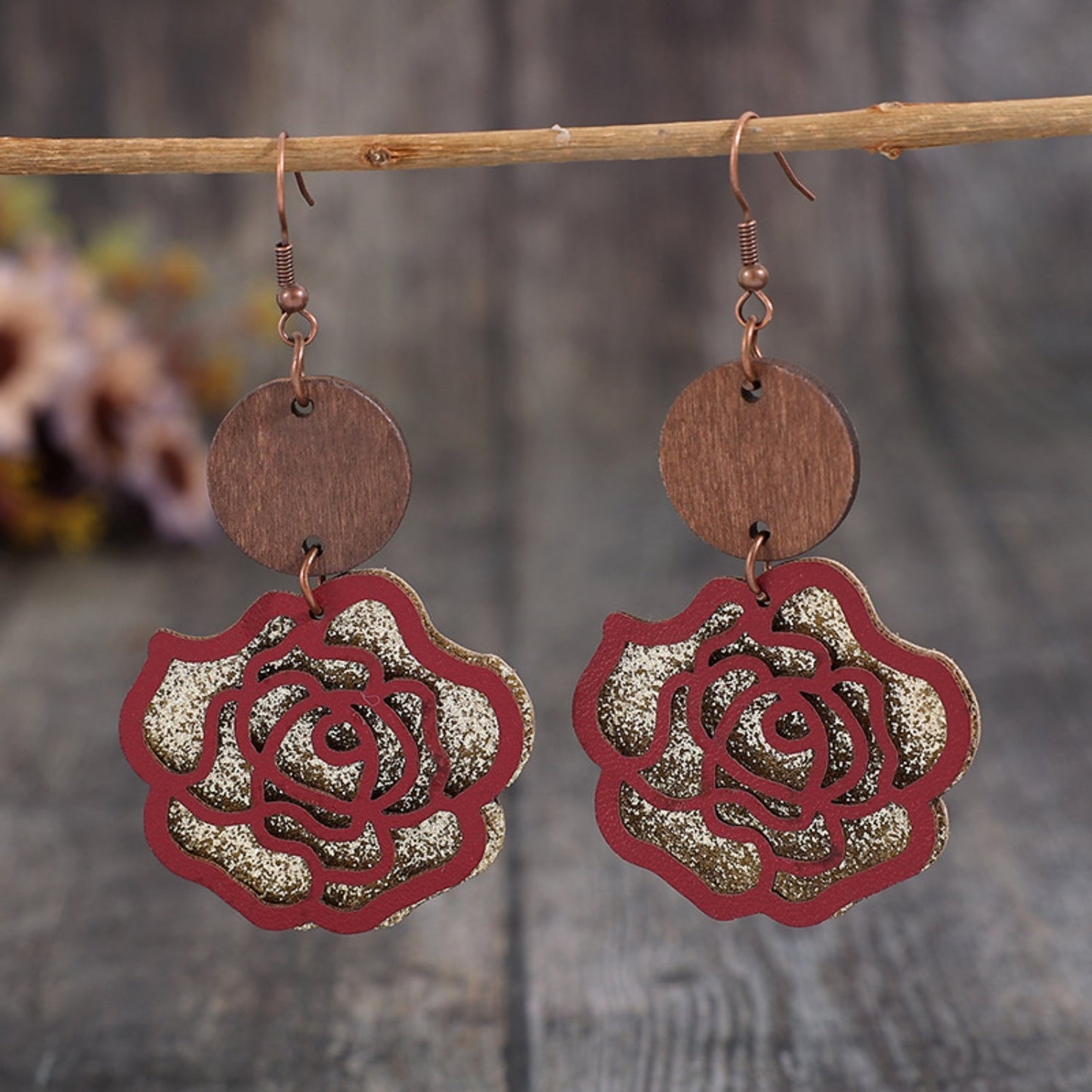 WOODEN ALLOY ROSE SHAPE DANGLE EARRINGS-Thriftique Marketplace